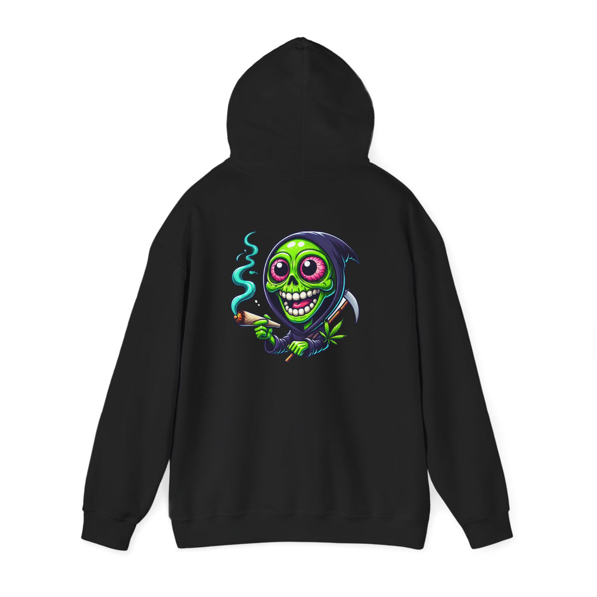 Grinning Green Grim Reaper Hoodie - Cute Creepy Smoking Skull Graphic Sweatshirt