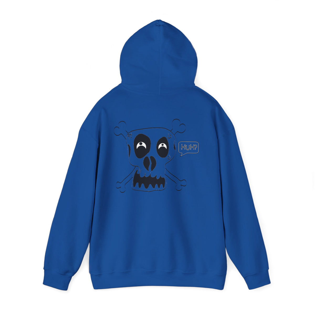 Skull & Crossbones 'Huh?' Hoodie – Edgy Cartoon Skull Back Graphic Sweatshirt