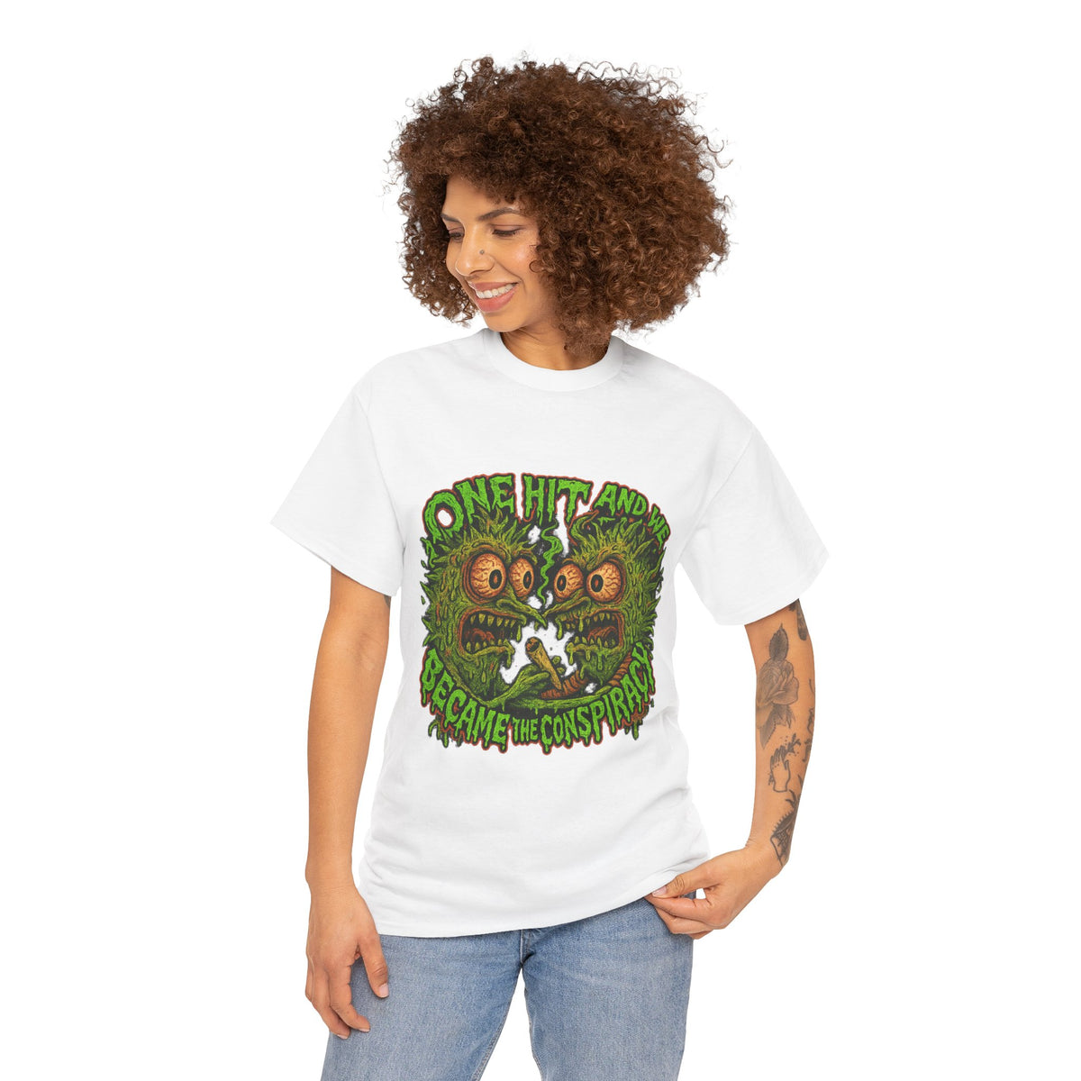 One Hit and We Became the Conspiracy – Trippy Weed Monster T-Shirt