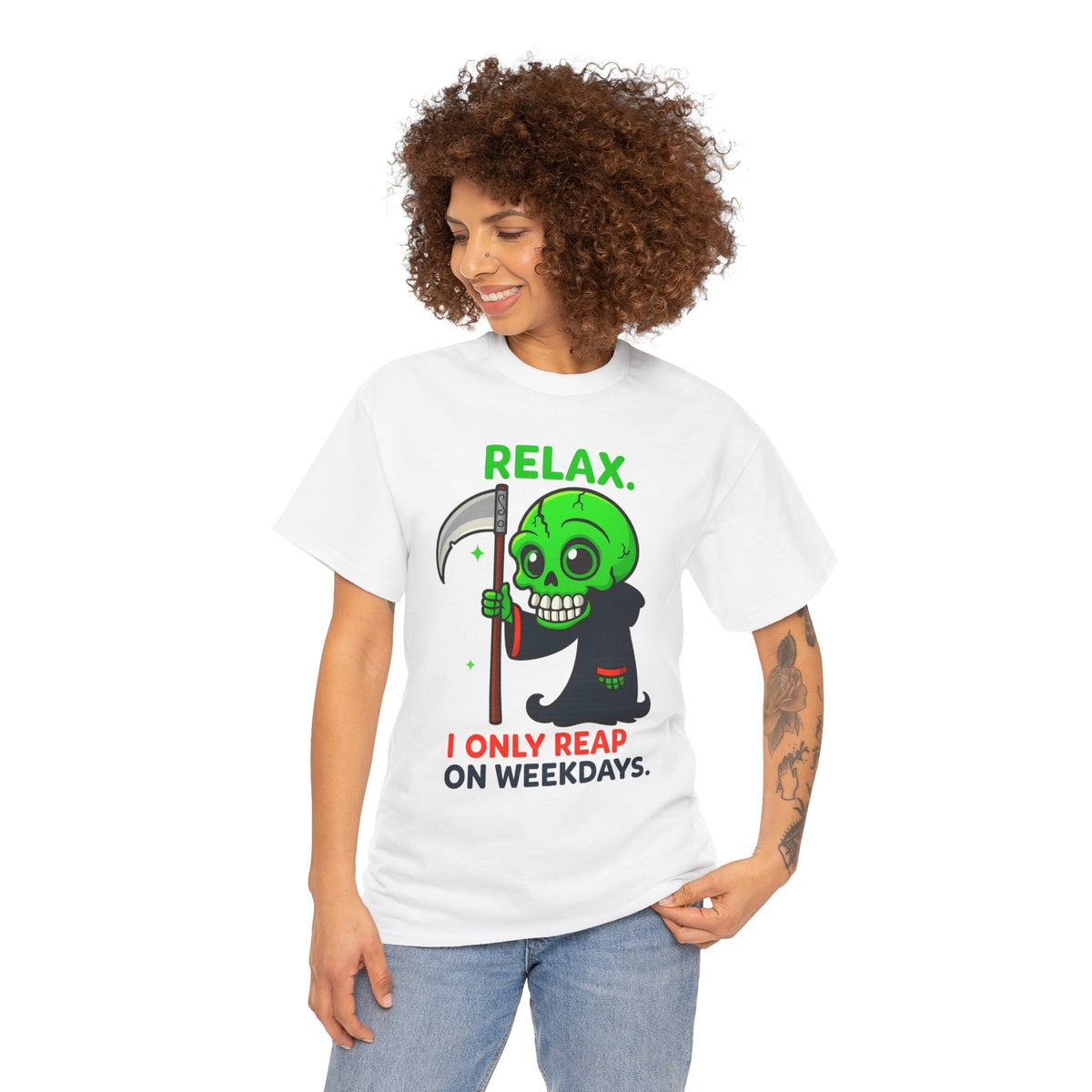 Relax I Only Reap on Weekdays T-Shirt | Grim Reaper Graphic