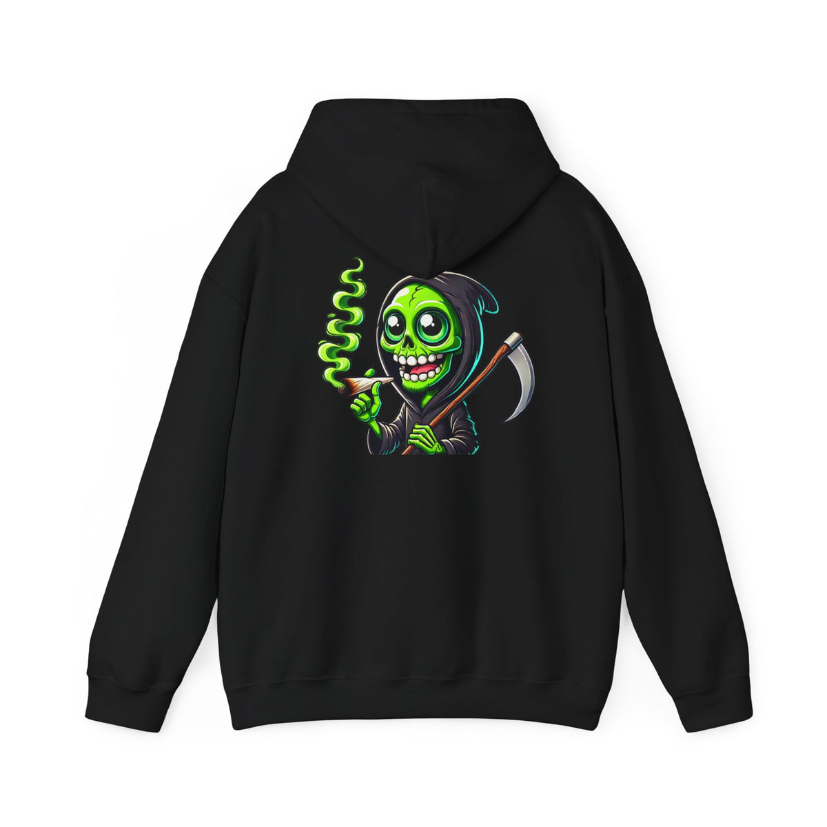 Grinning Green Grim Reaper Hoodie – Neon Smoking Skeleton Graphic Sweatshirt