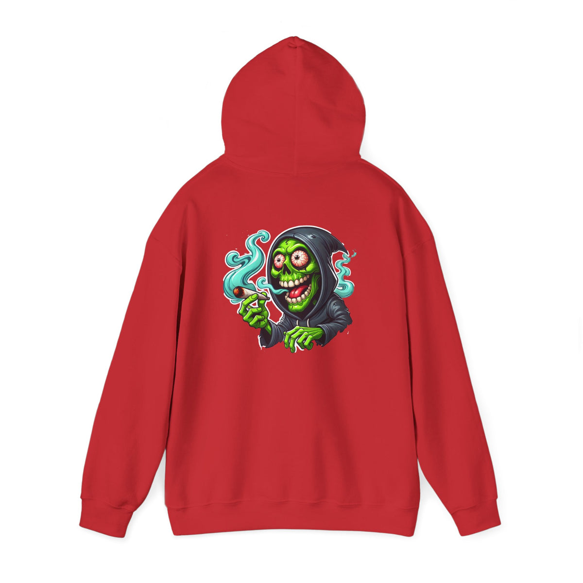 Grinning Reaper Hooded Sweatshirt – Spooky Green Skull Smoking Hoodie