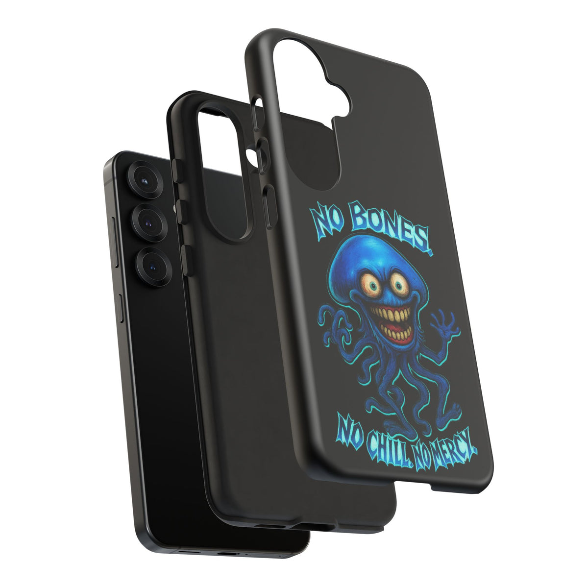 Phone Case — 'No Bones, No Chill, No Mercy' Blue Jellyfish Horror Design