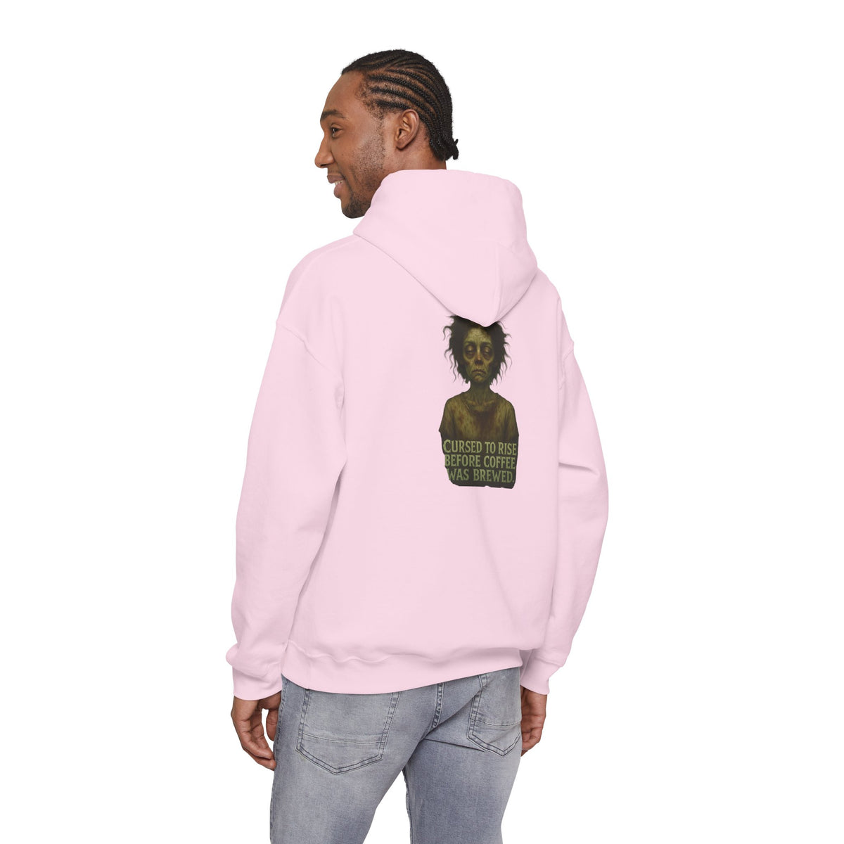 Hoodie — "Cursed to Rise Before Coffee Was Brewed" Goth Coffee Graphic Hooded Sweatshirt