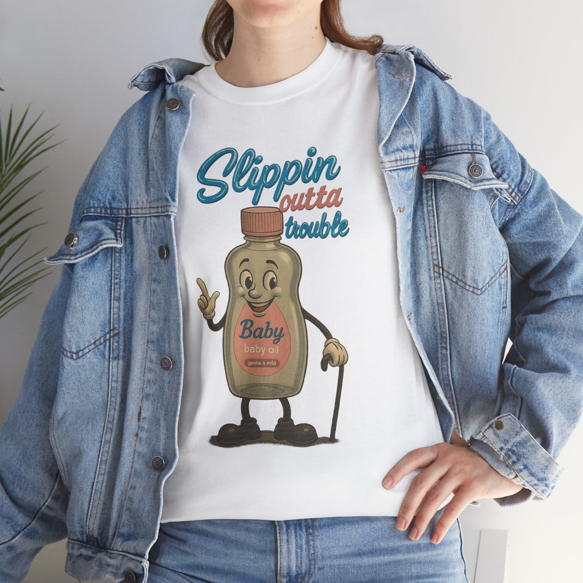 Slippin' Outta Trouble – Funny Baby Oil Cartoon T-Shirt