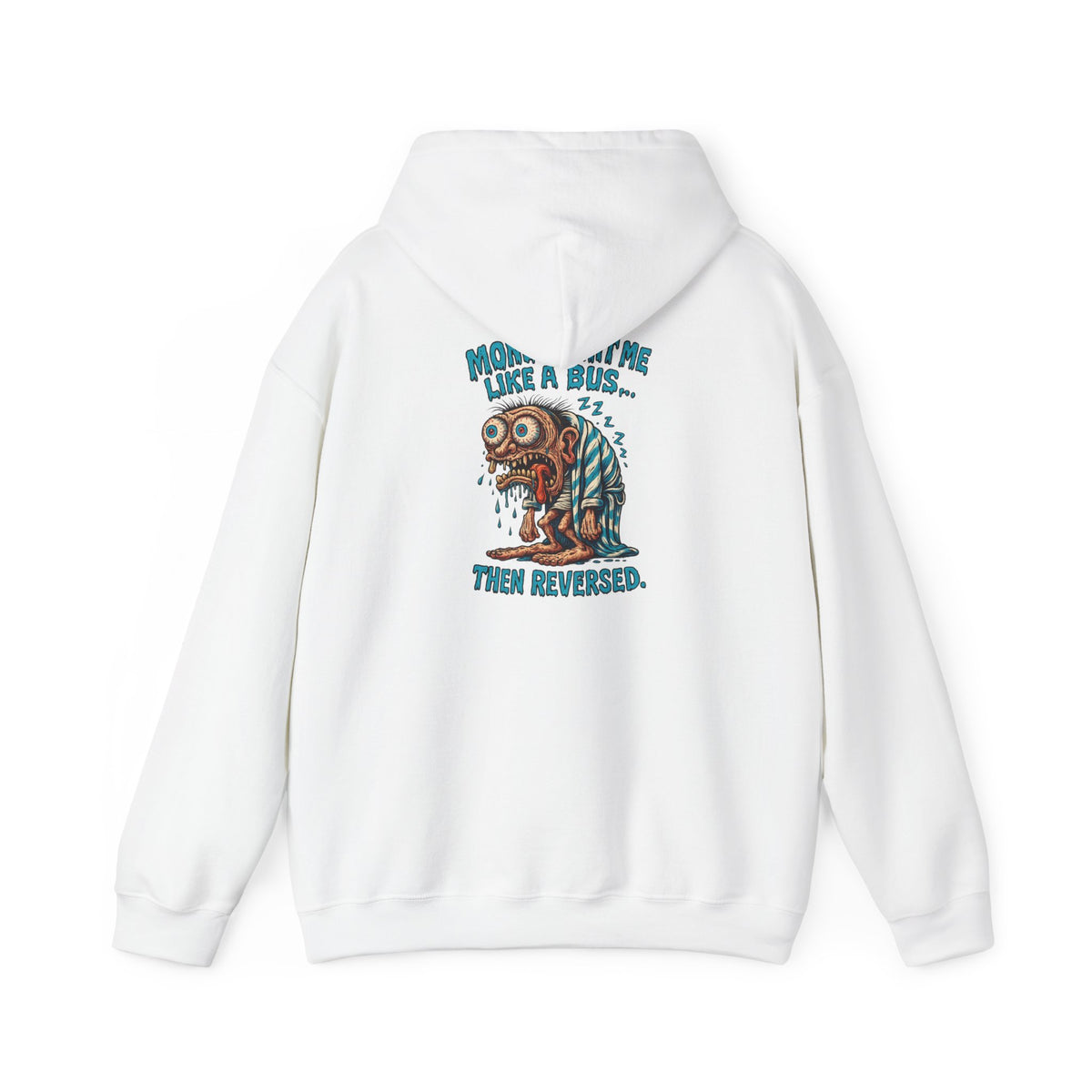 Hoodie — "Monday Hit Me Like a Bus... Then Reversed" Retro Skull Graphic Hoodie