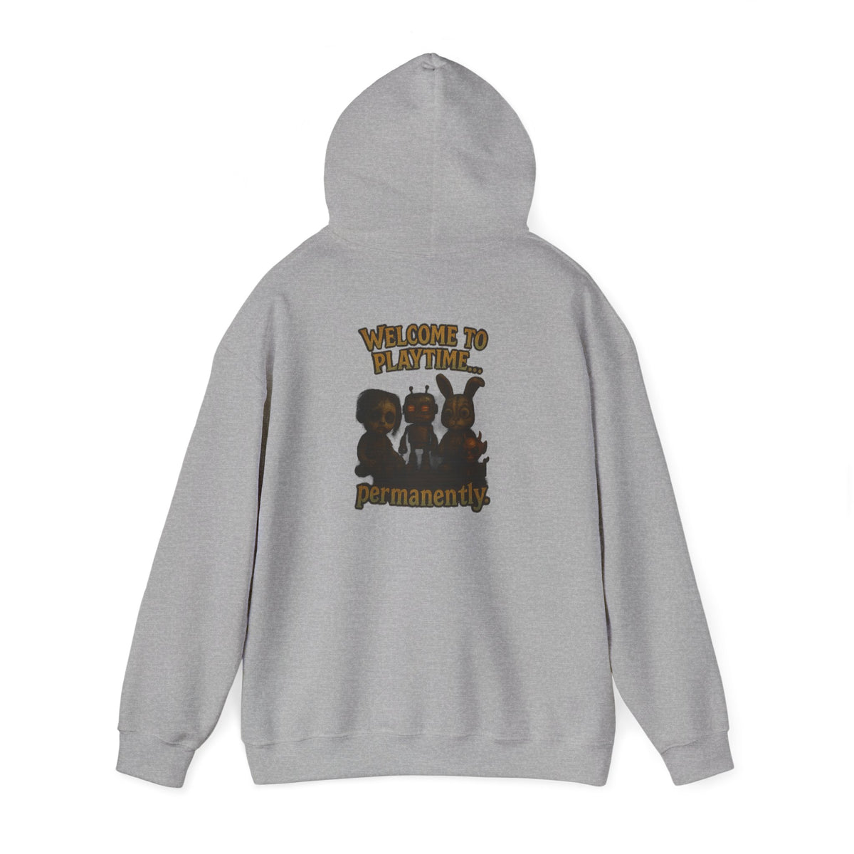 Hoodie — 'Welcome Playtime Permanently' Vintage Horror Character Back Graphic