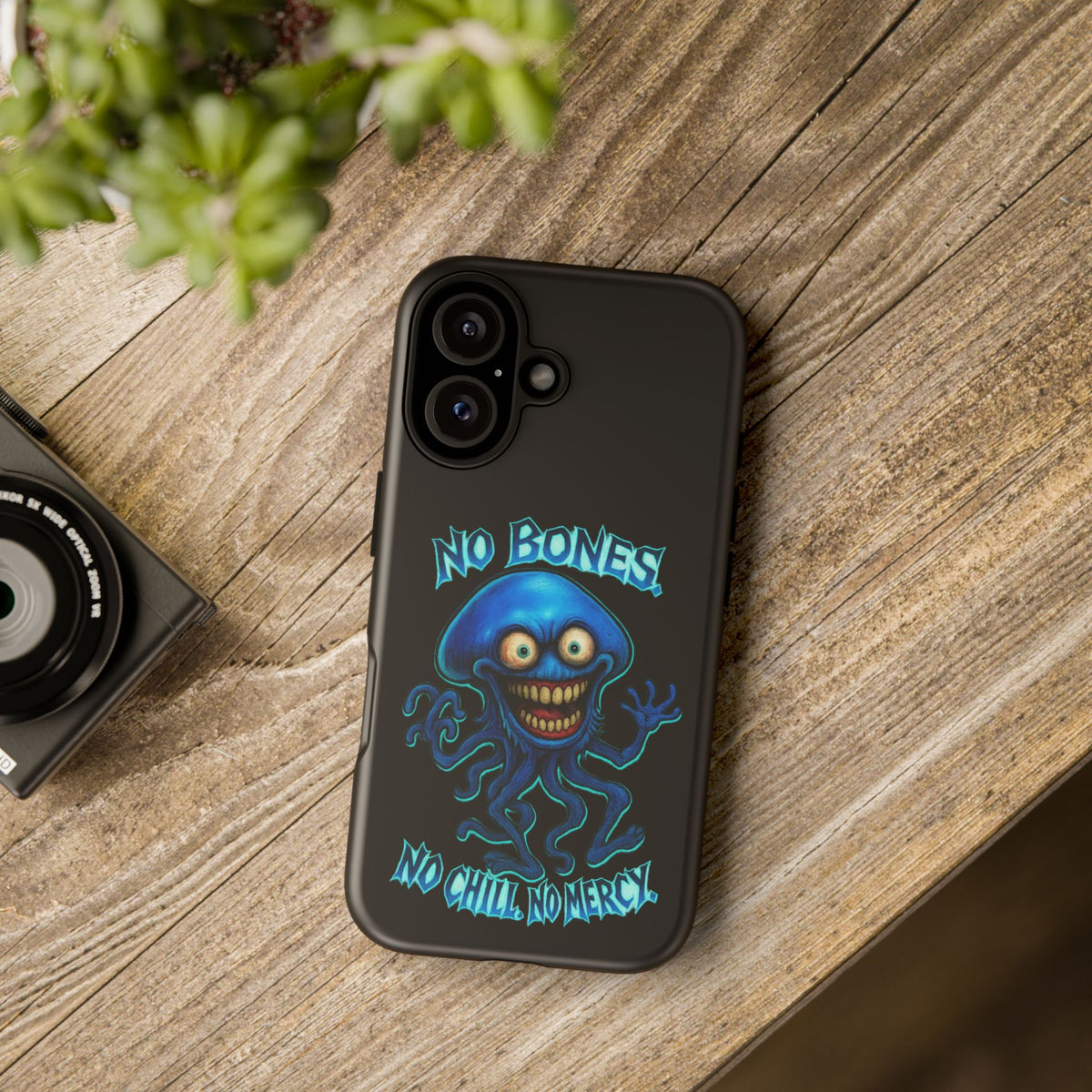 Phone Case — 'No Bones, No Chill, No Mercy' Blue Jellyfish Horror Design