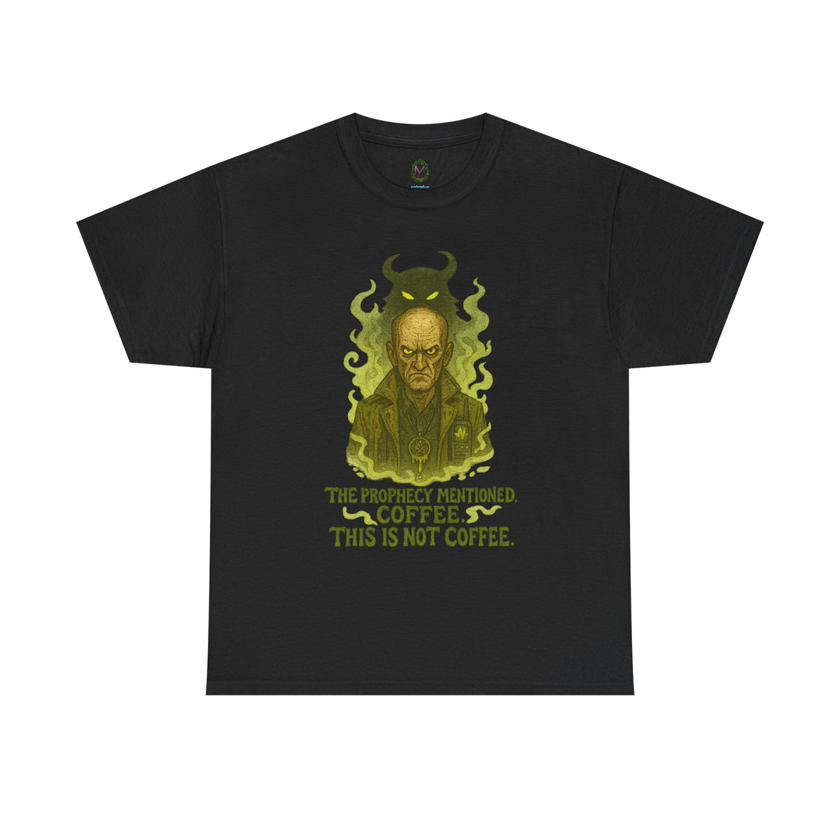 Prophecy Mentioned Coffee Illustration Tee | Funny Demon Barista Shirt