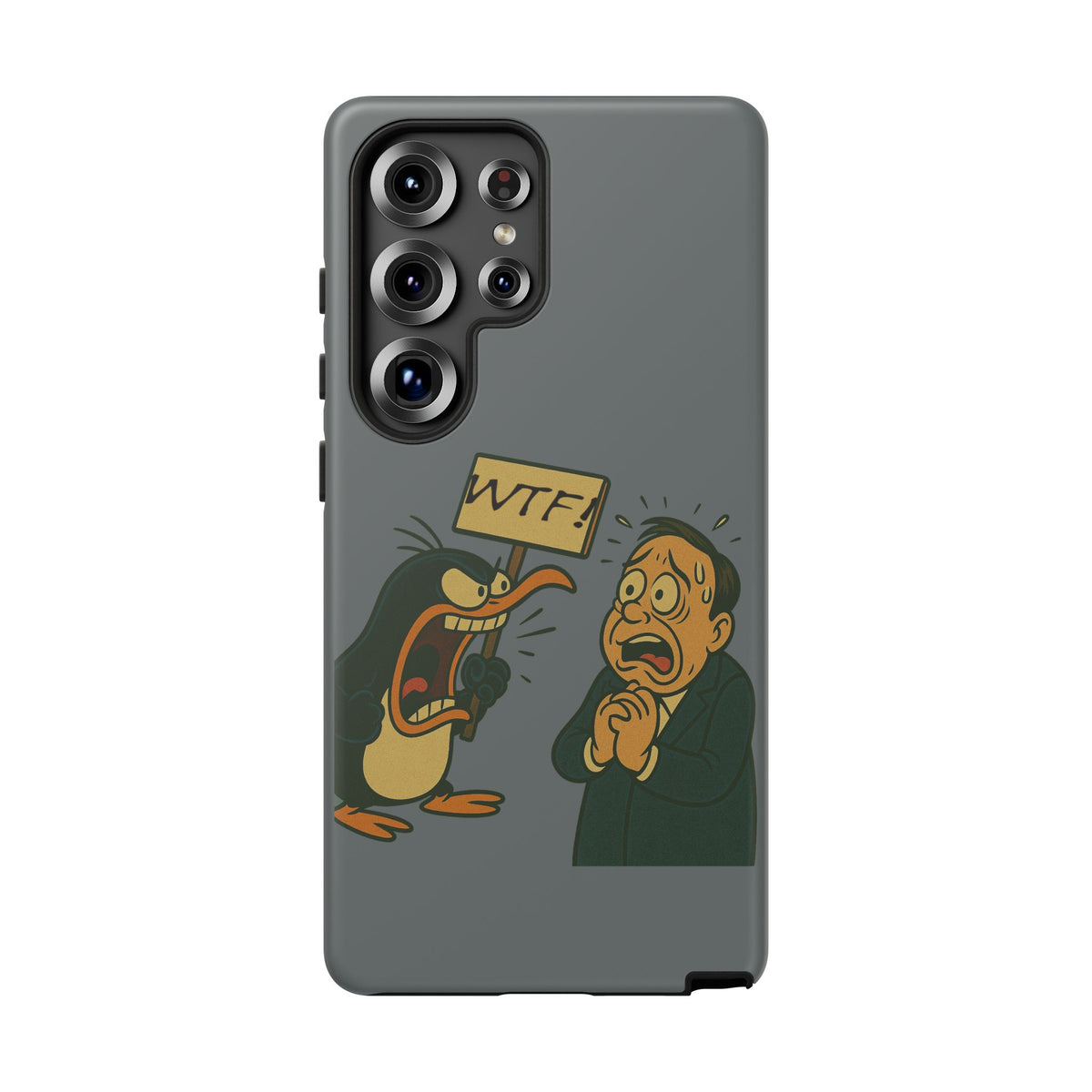 Phone Case - Cartoon Penguin Yelling 'WTF' at Shocked Man, Funny Protective iPhone Cover