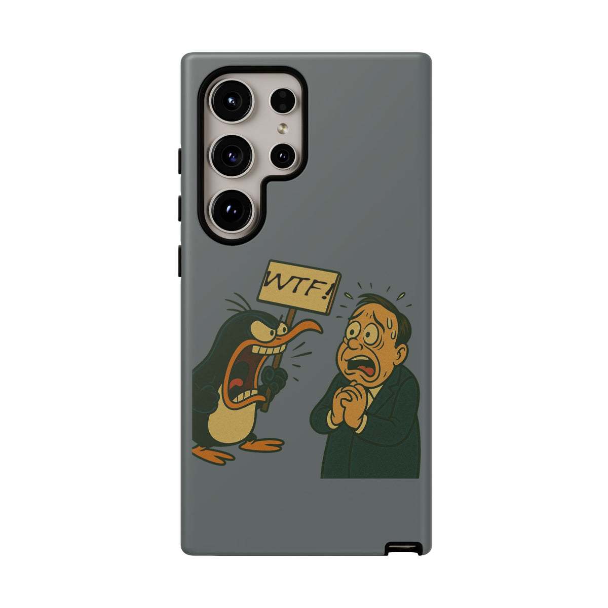Phone Case - Cartoon Penguin Yelling 'WTF' at Shocked Man, Funny Protective iPhone Cover