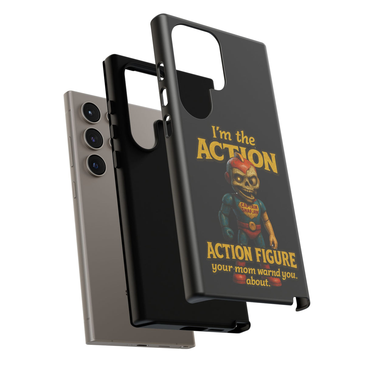 Action Figure Phone Case — "I'm the Action" Retro Skull Toy Design