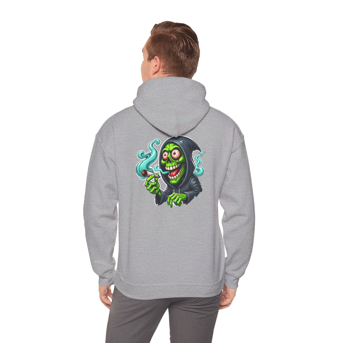 Grinning Reaper Hooded Sweatshirt – Spooky Green Skull Smoking Hoodie