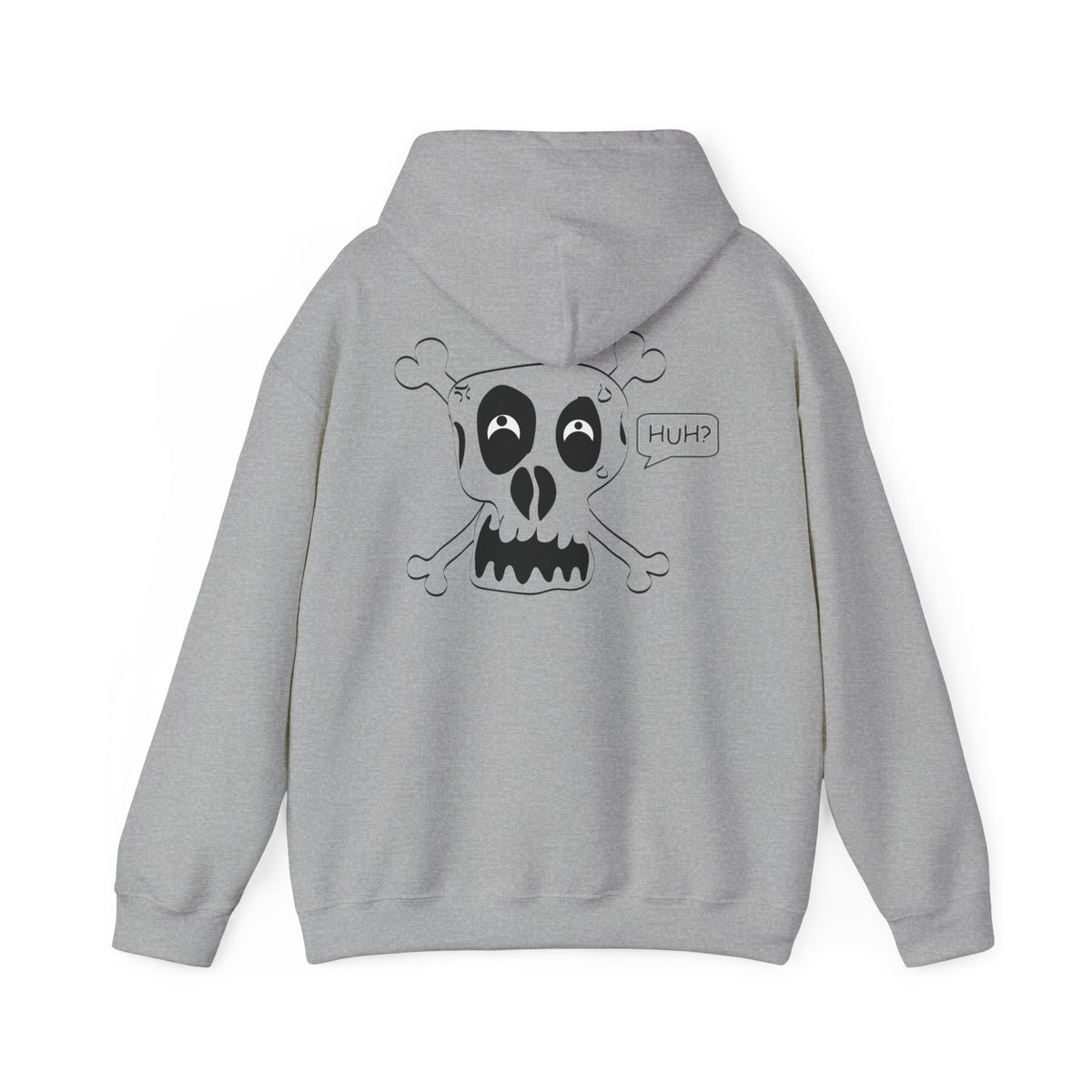 Skull & Crossbones 'Huh?' Hoodie – Edgy Cartoon Skull Back Graphic Sweatshirt
