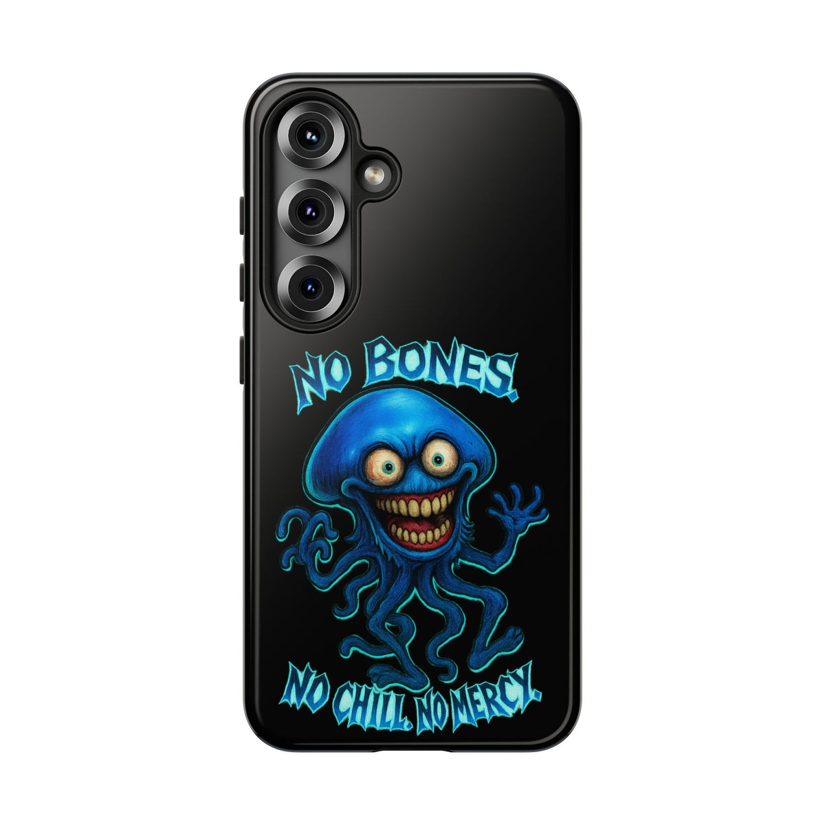 Phone Case — 'No Bones, No Chill, No Mercy' Blue Jellyfish Horror Design