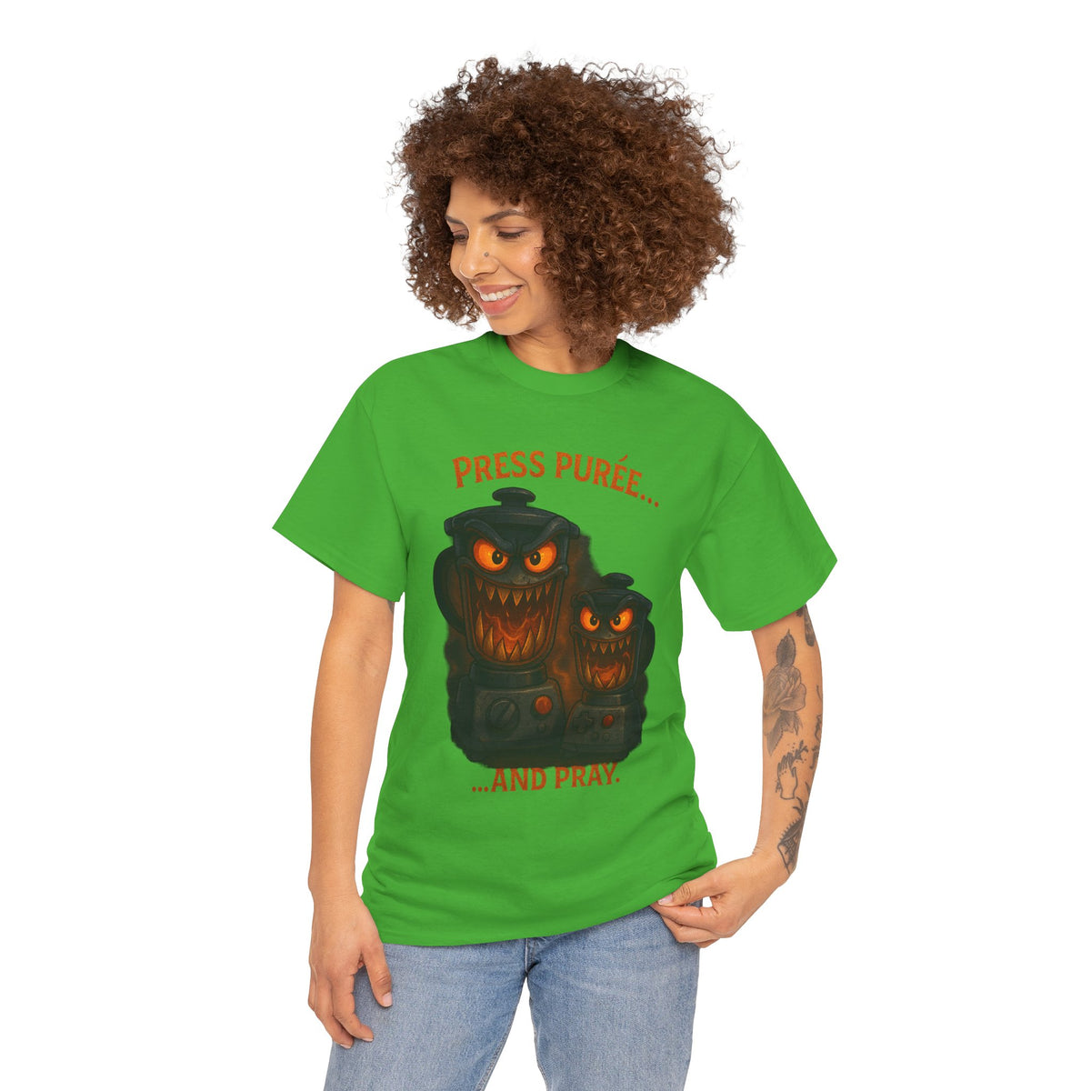 Halloween Pumpkin Tee - "Press Purée... and Pray" Spooky Jack-O'-Lantern T-Shirt