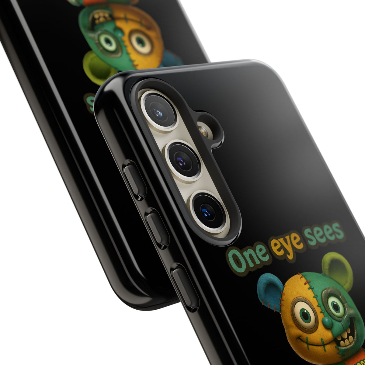 Phone Case — 'One Eye Sees, The Other Sees Your Browser History' Patchwork Bear Design
