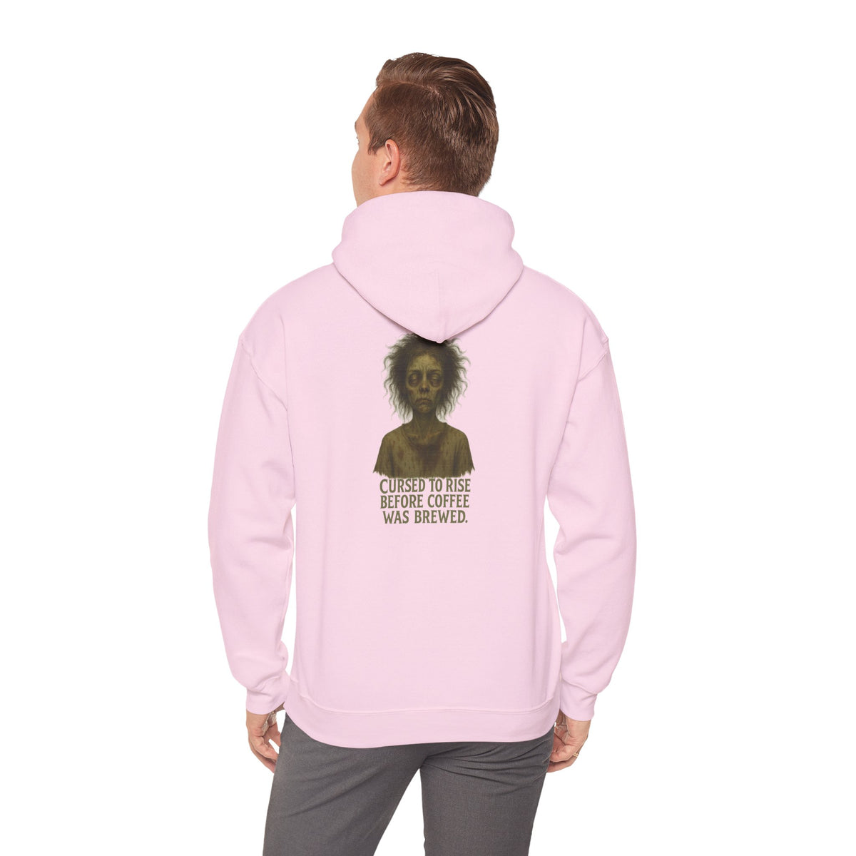 Hoodie — "Cursed to Rise Before Coffee Was Brewed" Haunted Morning Graphic