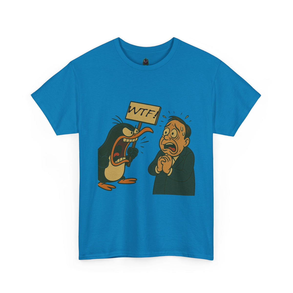 Graphic Tee - Cartoon Penguin Yelling “WTF” at Shocked Man