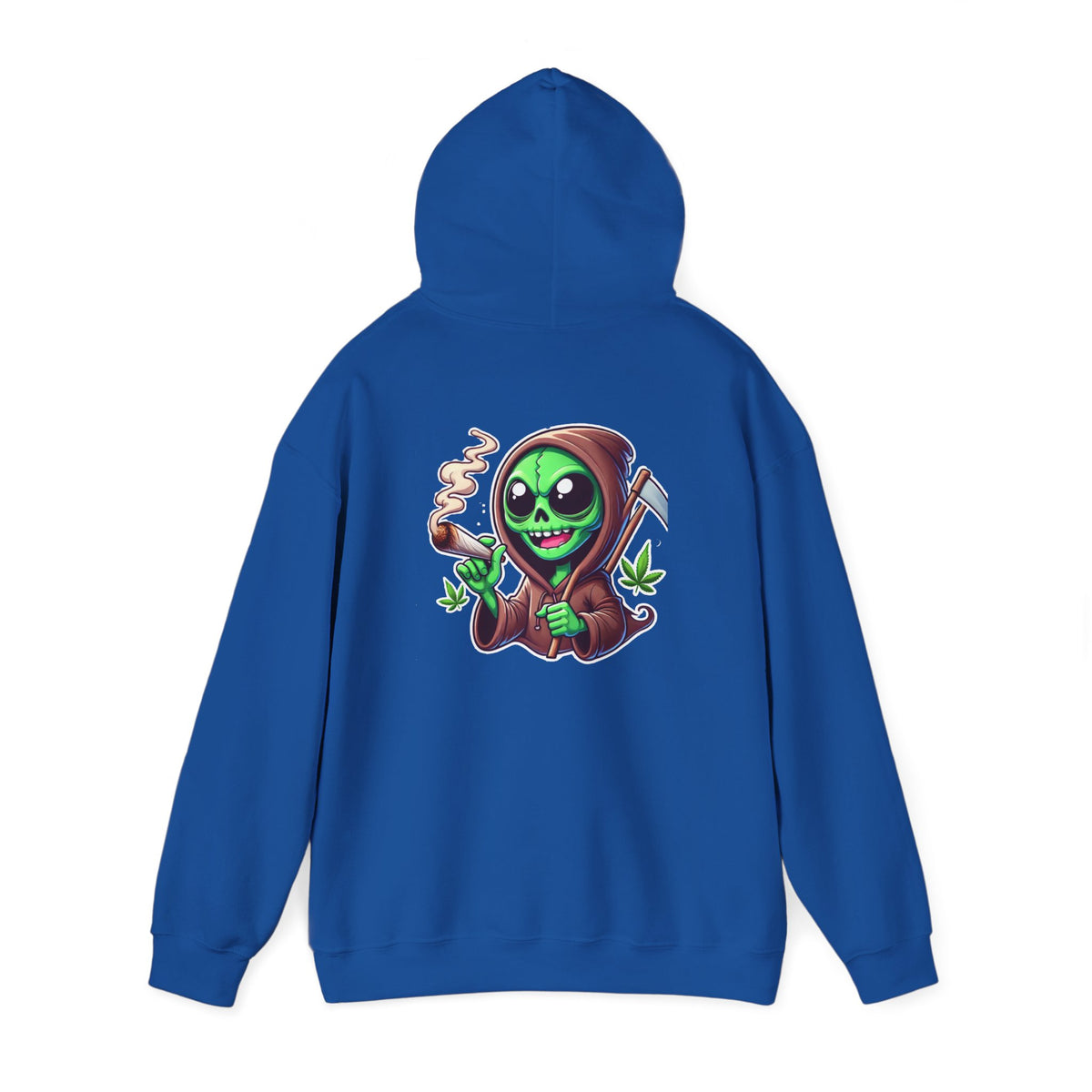 Reaper Alien Hoodie – Cute Green Grim Reaper Smoking Cartoon Graphic Hooded Sweatshirt