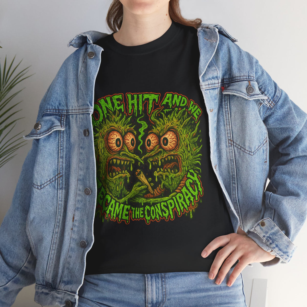 One Hit and We Became the Conspiracy – Trippy Weed Monster T-Shirt