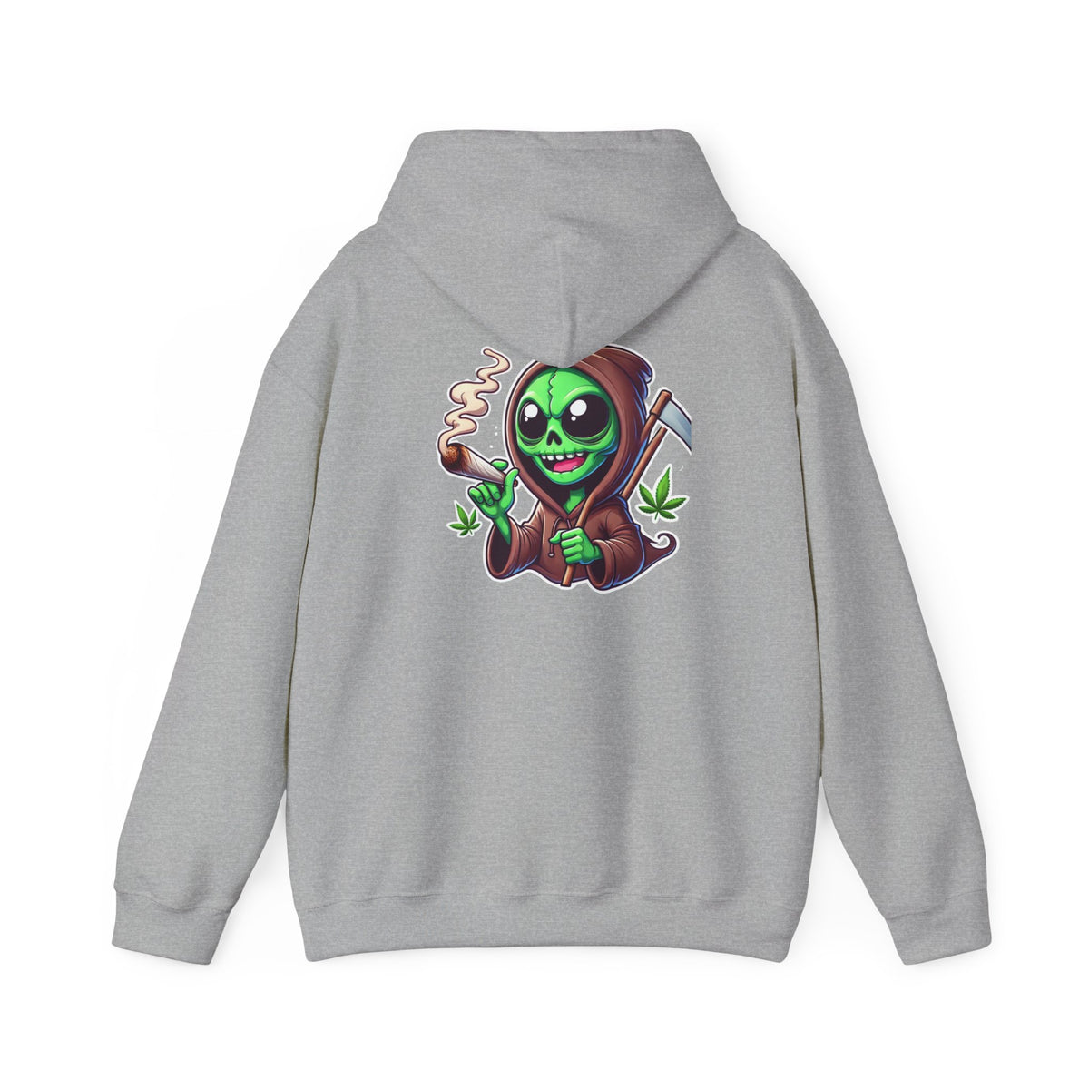 Reaper Alien Hoodie – Cute Green Grim Reaper Smoking Cartoon Graphic Hooded Sweatshirt
