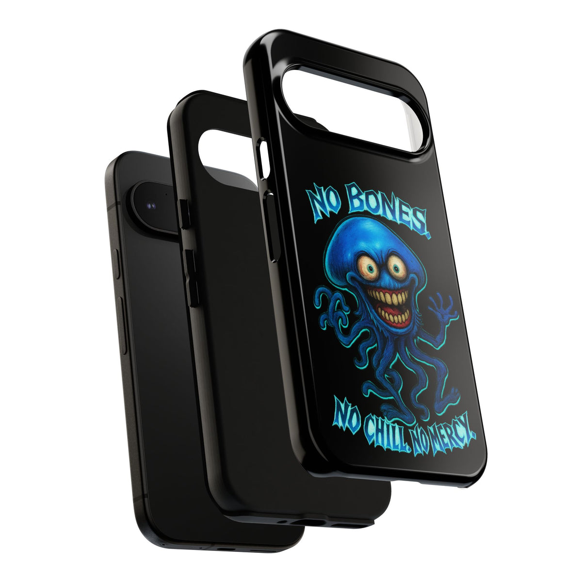 Phone Case — 'No Bones, No Chill, No Mercy' Blue Jellyfish Horror Design