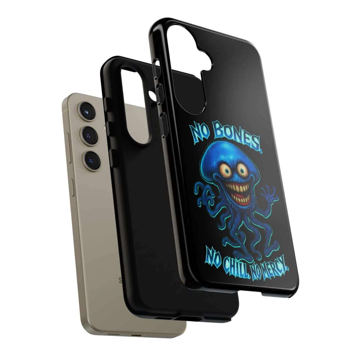 Phone Case — 'No Bones, No Chill, No Mercy' Blue Jellyfish Horror Design