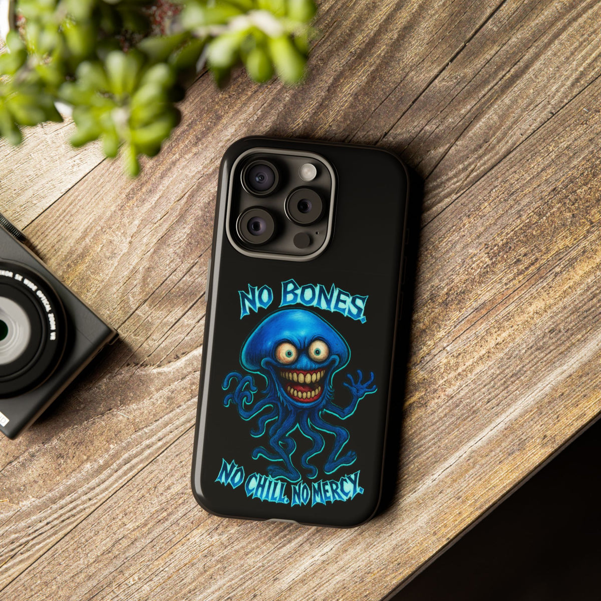 Phone Case — 'No Bones, No Chill, No Mercy' Blue Jellyfish Horror Design