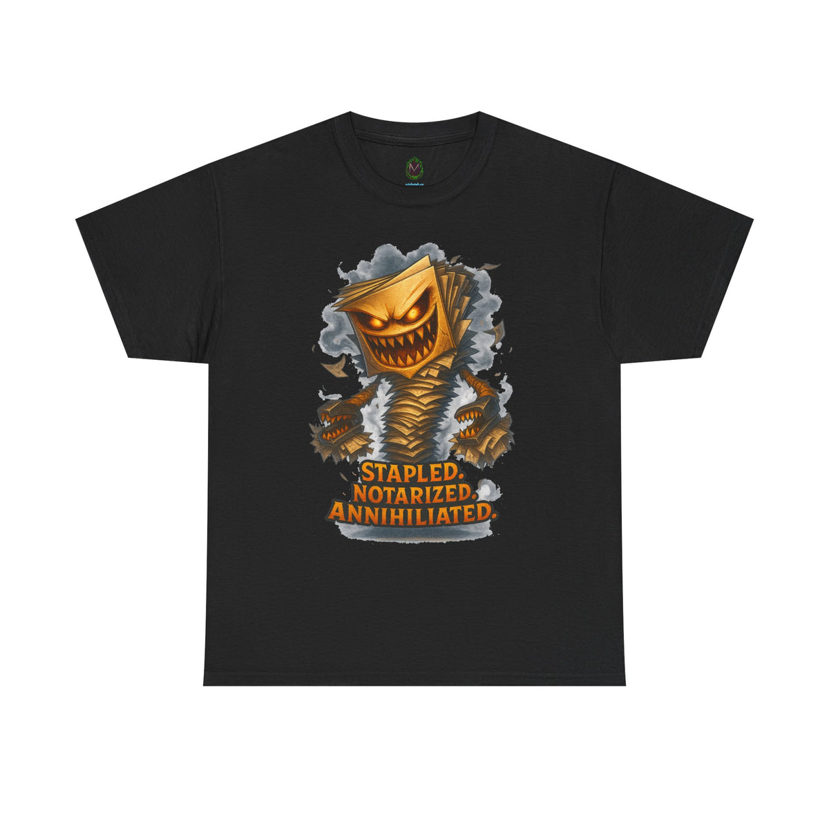 Stapled Notarized Annihilated Tee | Monster Paper Staple Design