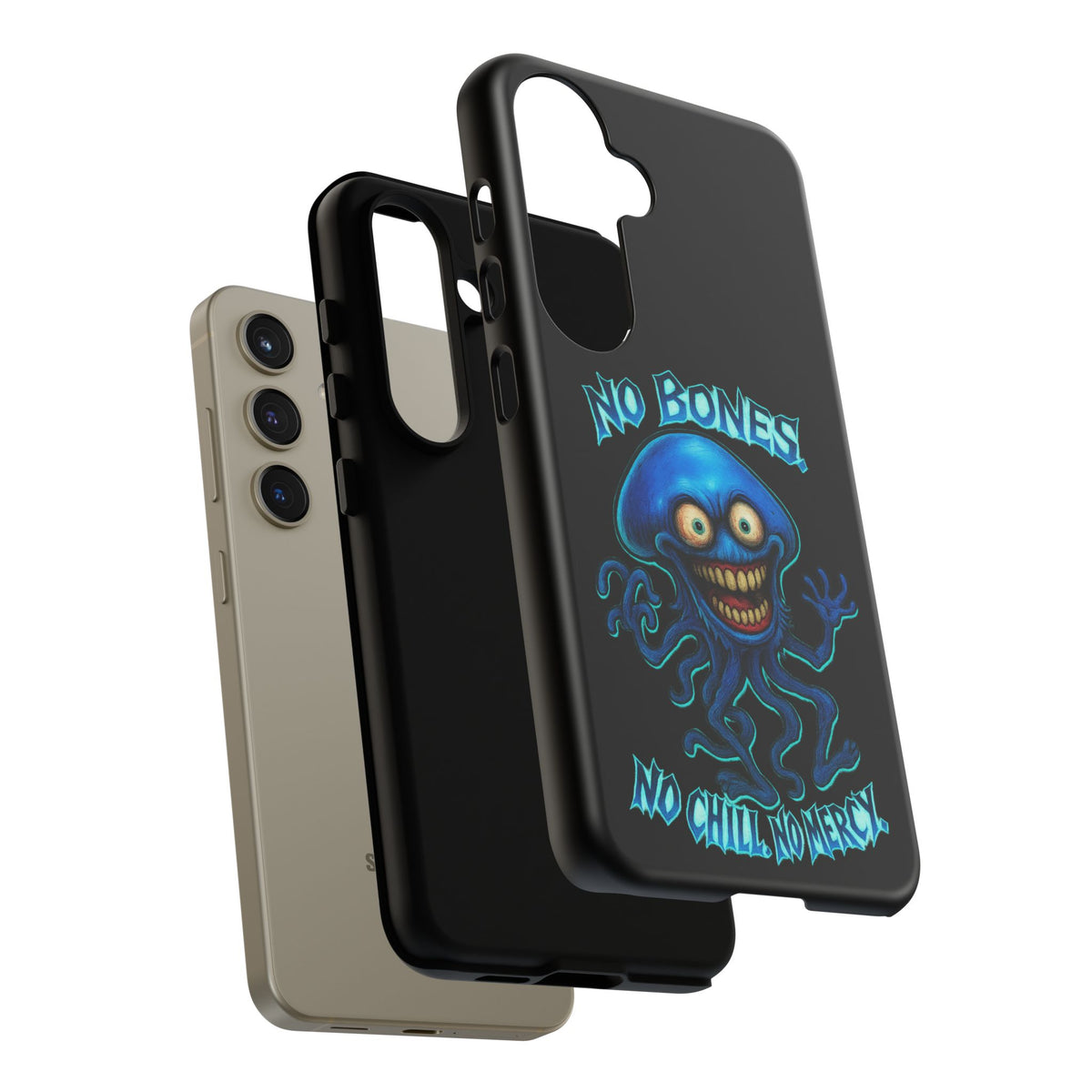Phone Case — 'No Bones, No Chill, No Mercy' Blue Jellyfish Horror Design
