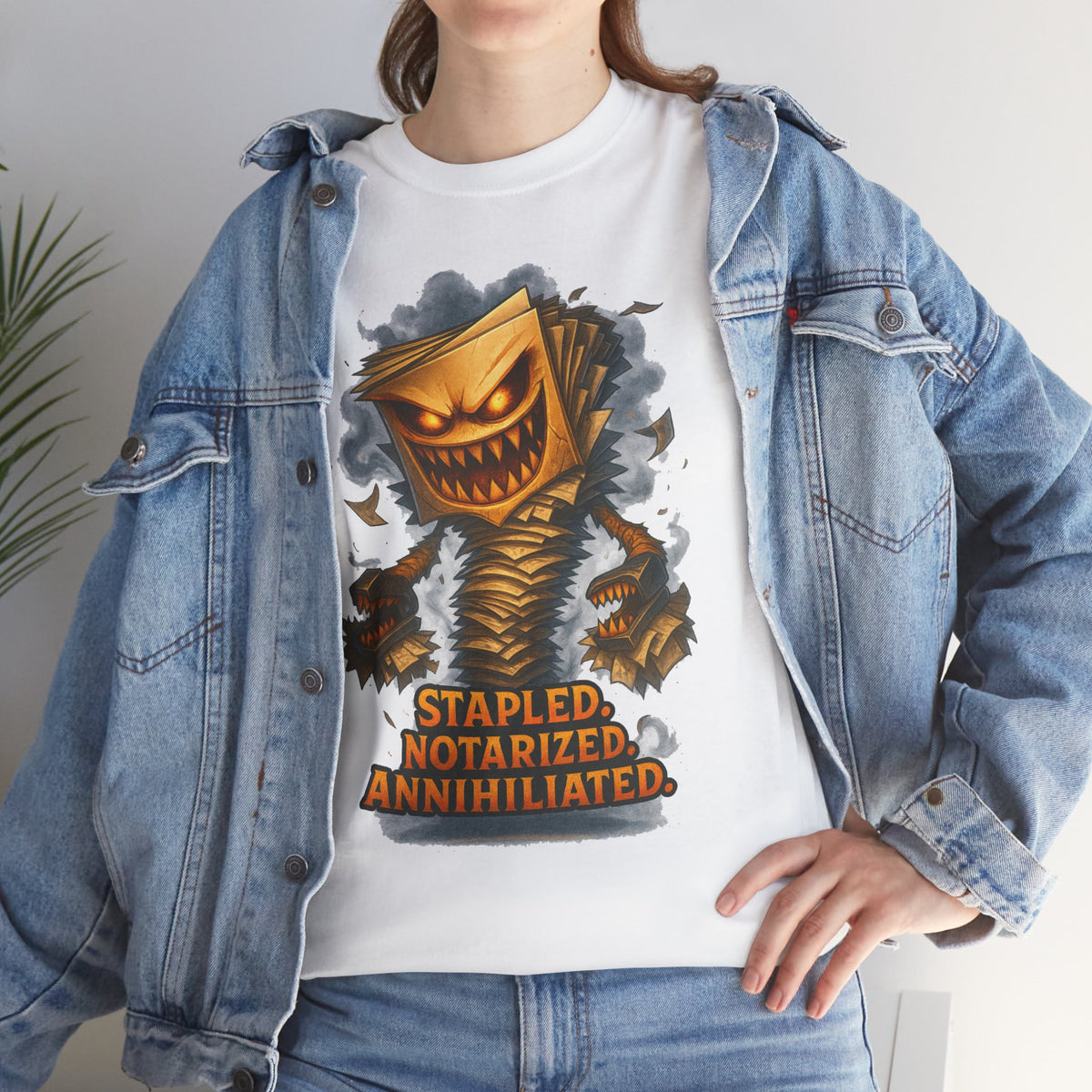 Stapled Notarized Annihilated Tee | Monster Paper Staple Design