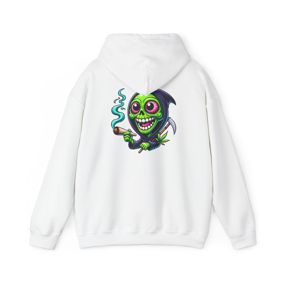 Grinning Green Grim Reaper Hoodie - Cute Creepy Smoking Skull Graphic Sweatshirt