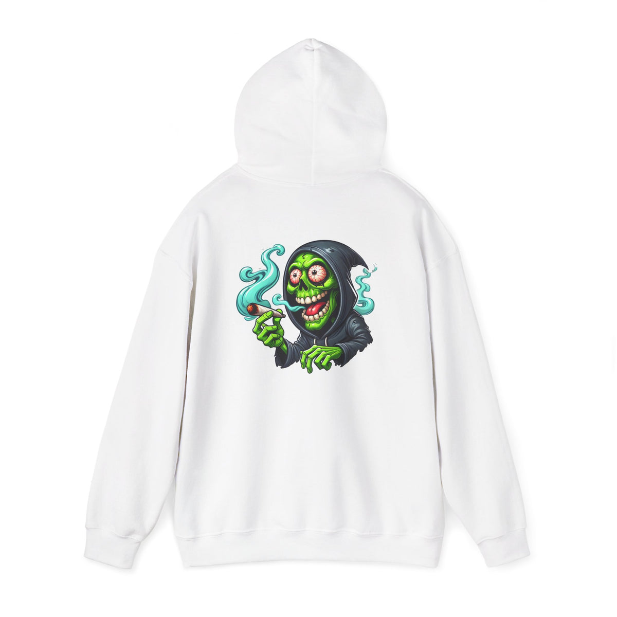 Grinning Reaper Hooded Sweatshirt – Spooky Green Skull Smoking Hoodie