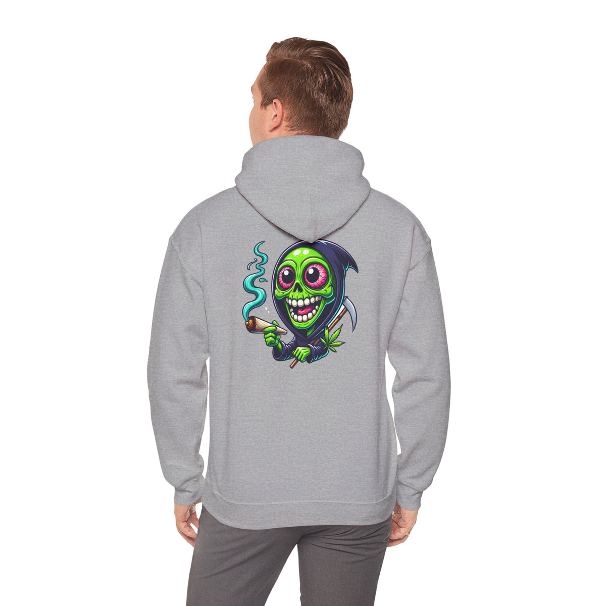 Grinning Green Grim Reaper Hoodie - Cute Creepy Smoking Skull Graphic Sweatshirt
