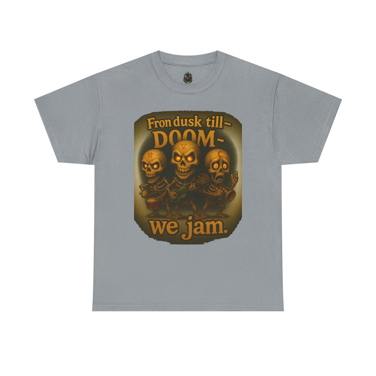 T-Shirt — "From Dusk Till Doom We Jam" Skull Band Graphic Tee