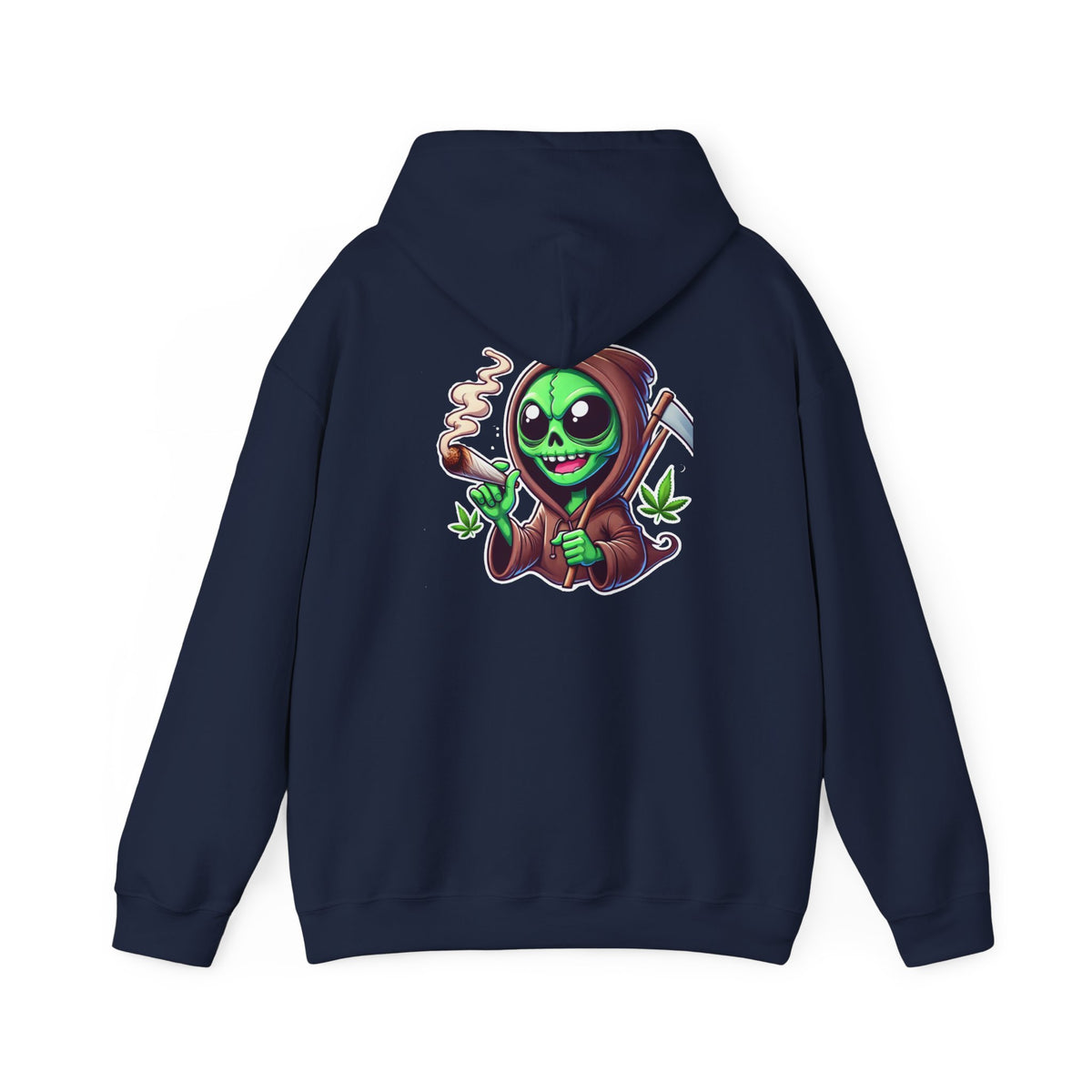 Reaper Alien Hoodie – Cute Green Grim Reaper Smoking Cartoon Graphic Hooded Sweatshirt