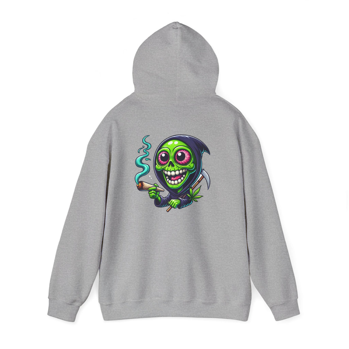 Grinning Green Grim Reaper Hoodie - Cute Creepy Smoking Skull Graphic Sweatshirt