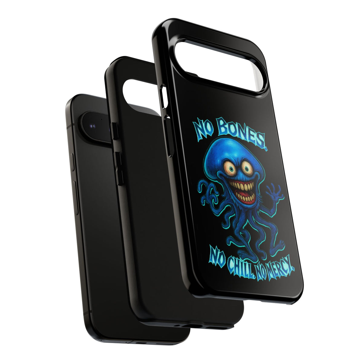 Phone Case — 'No Bones, No Chill, No Mercy' Blue Jellyfish Horror Design