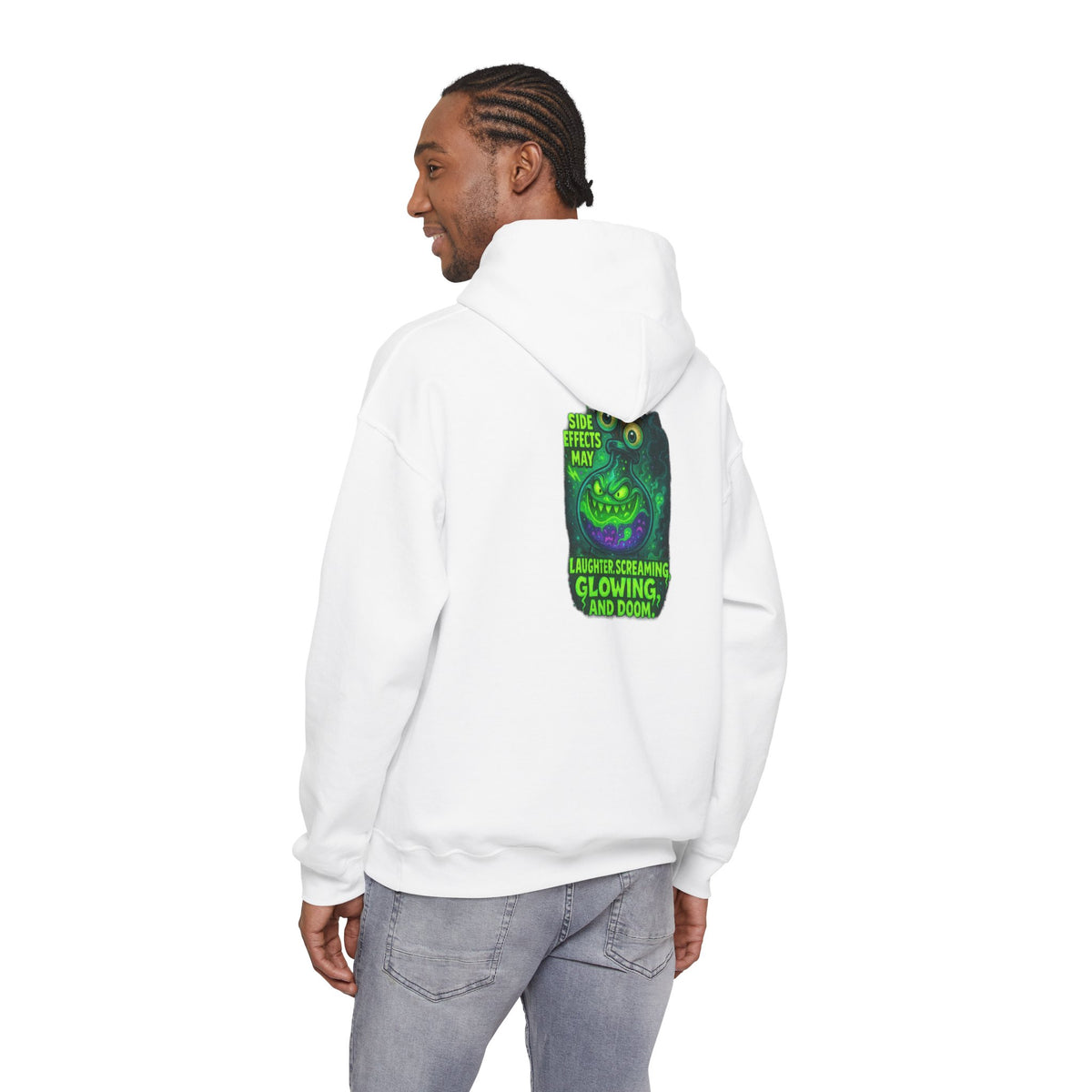 Glowing Green Monster Hoodie - "Causes Screaming, Glowing, and Doom" Graphic Pullover