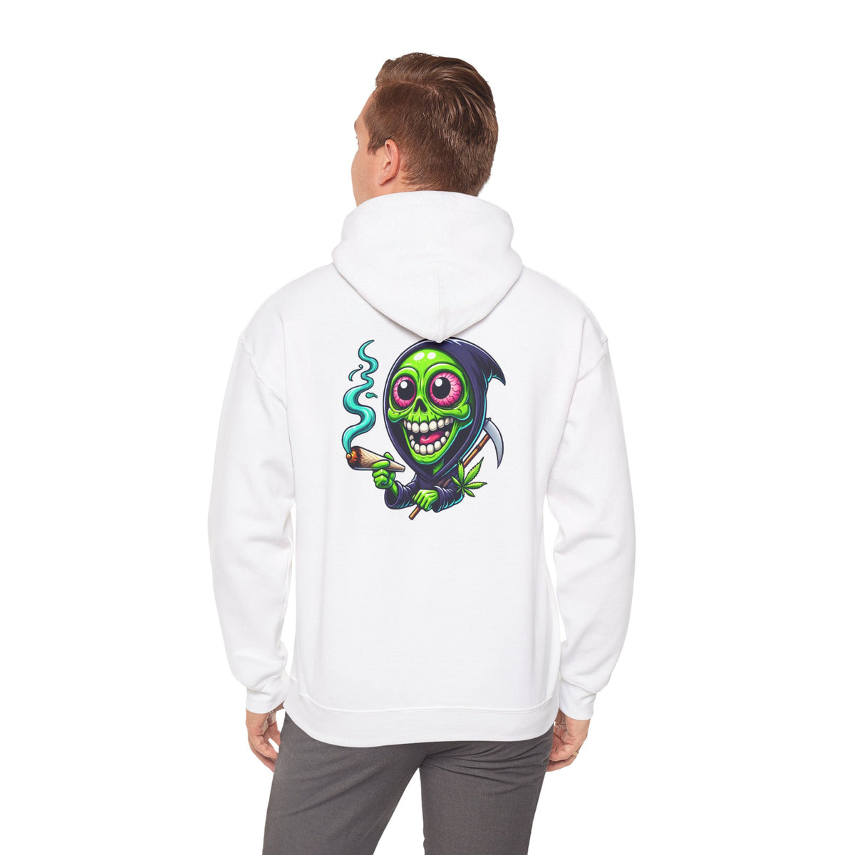 Grinning Green Grim Reaper Hoodie - Cute Creepy Smoking Skull Graphic Sweatshirt
