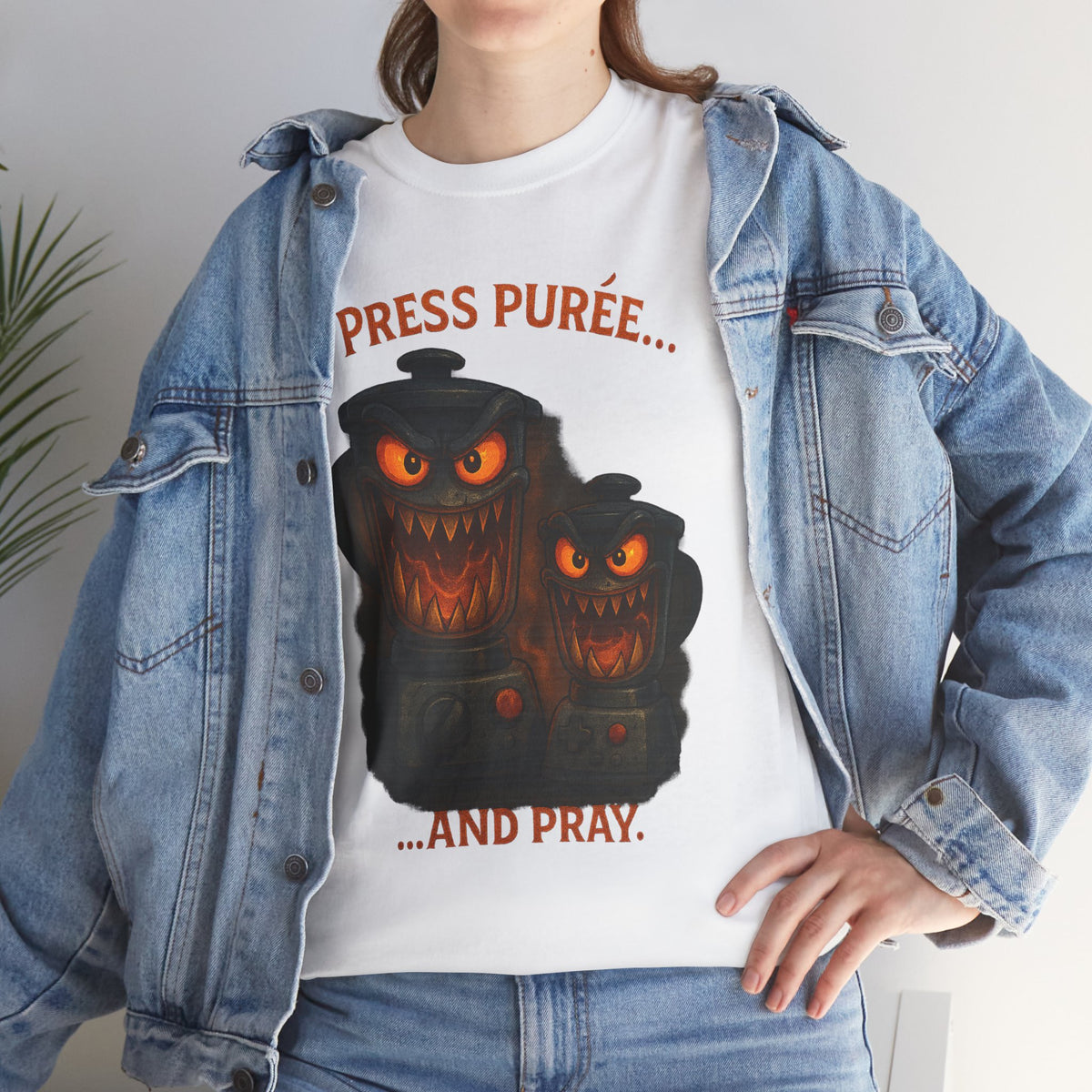 Halloween Pumpkin Tee - "Press Purée... and Pray" Spooky Jack-O'-Lantern T-Shirt