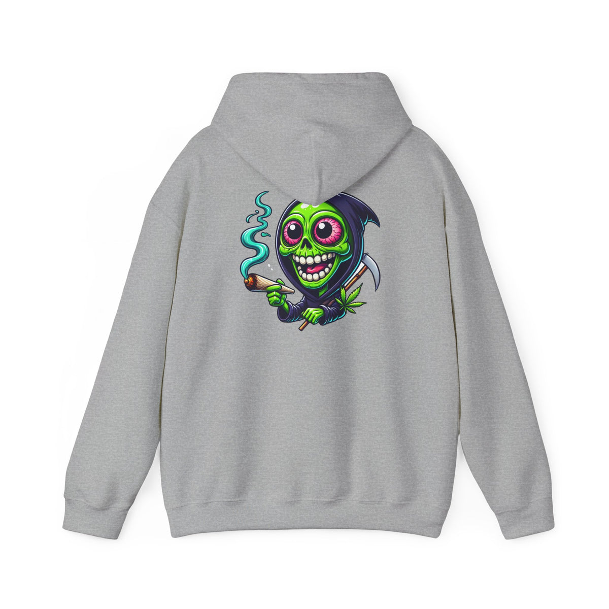 Grinning Green Grim Reaper Hoodie - Cute Creepy Smoking Skull Graphic Sweatshirt