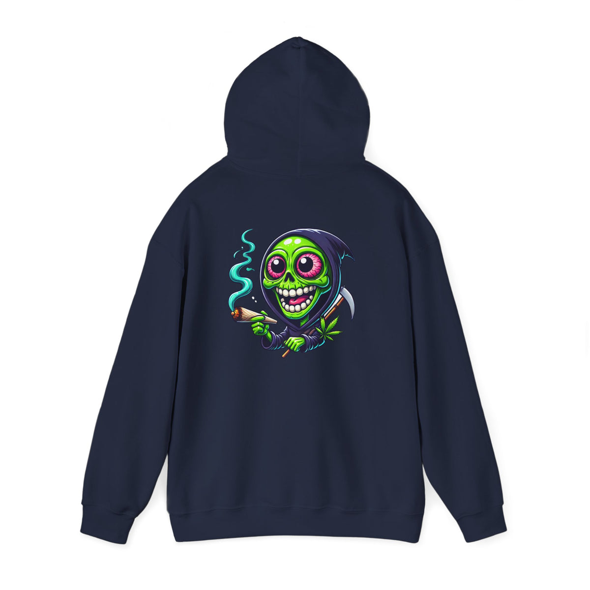 Grinning Green Grim Reaper Hoodie - Cute Creepy Smoking Skull Graphic Sweatshirt