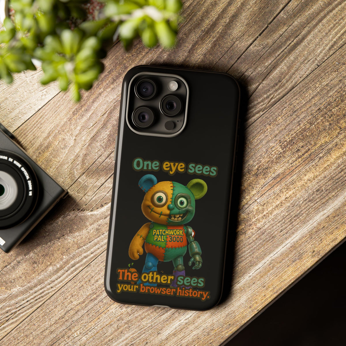 Phone Case — 'One Eye Sees, The Other Sees Your Browser History' Patchwork Bear Design