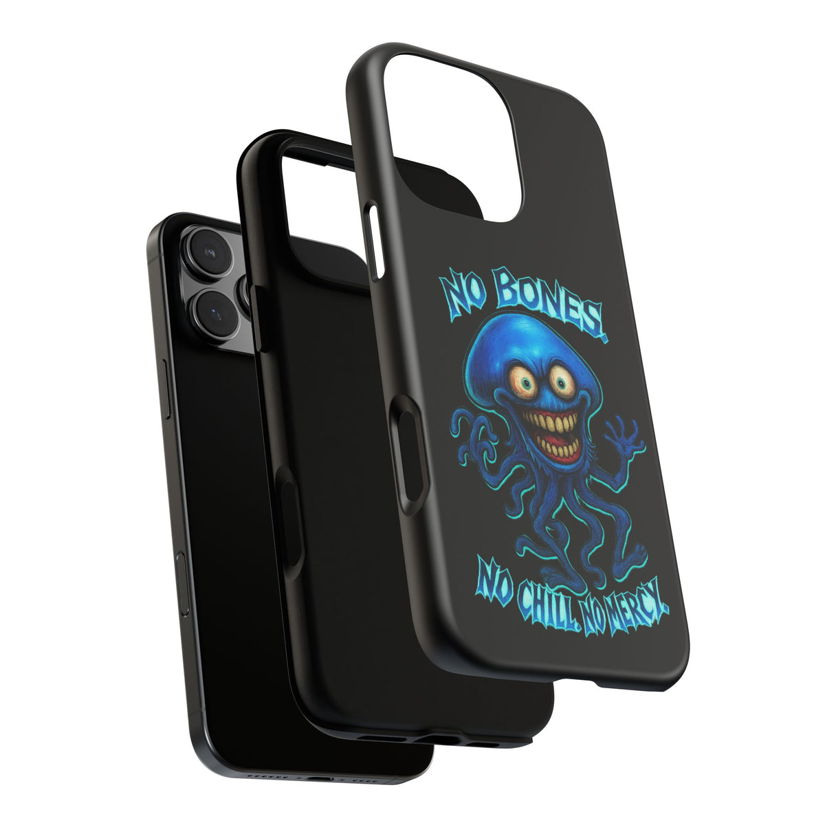Phone Case — 'No Bones, No Chill, No Mercy' Blue Jellyfish Horror Design