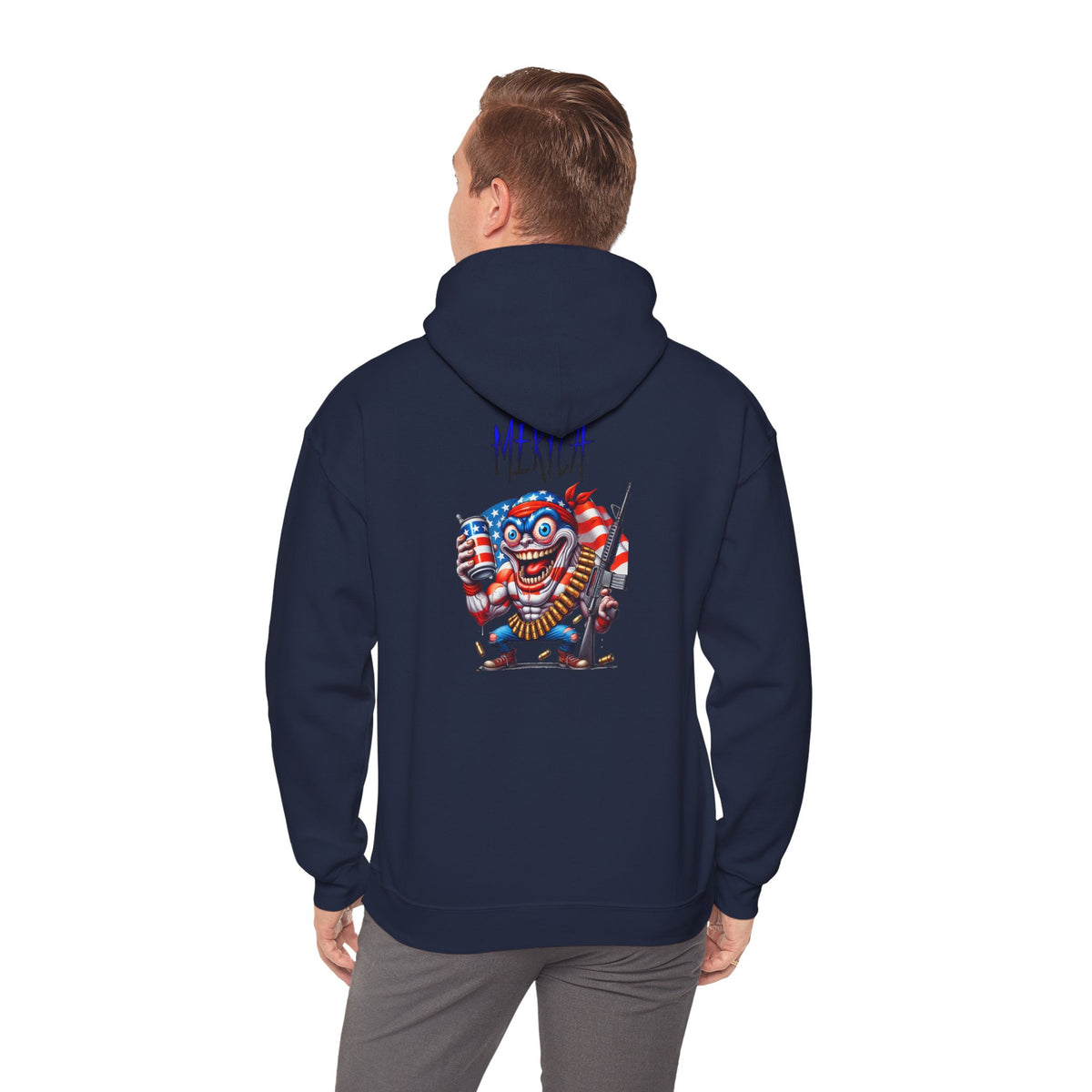 Patriotic Retro Hoodie — American Flag Skull Character Back Graphic
