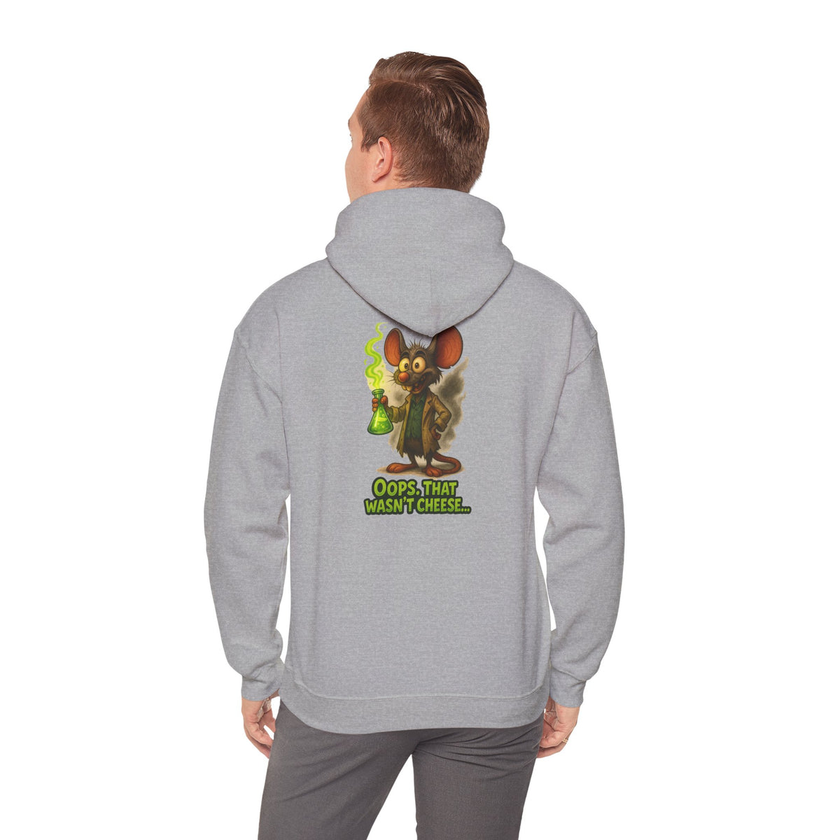 Chemistry Mouse Hoodie — "Oops, That Wasn't Cheese" Cute Scientist Graphic