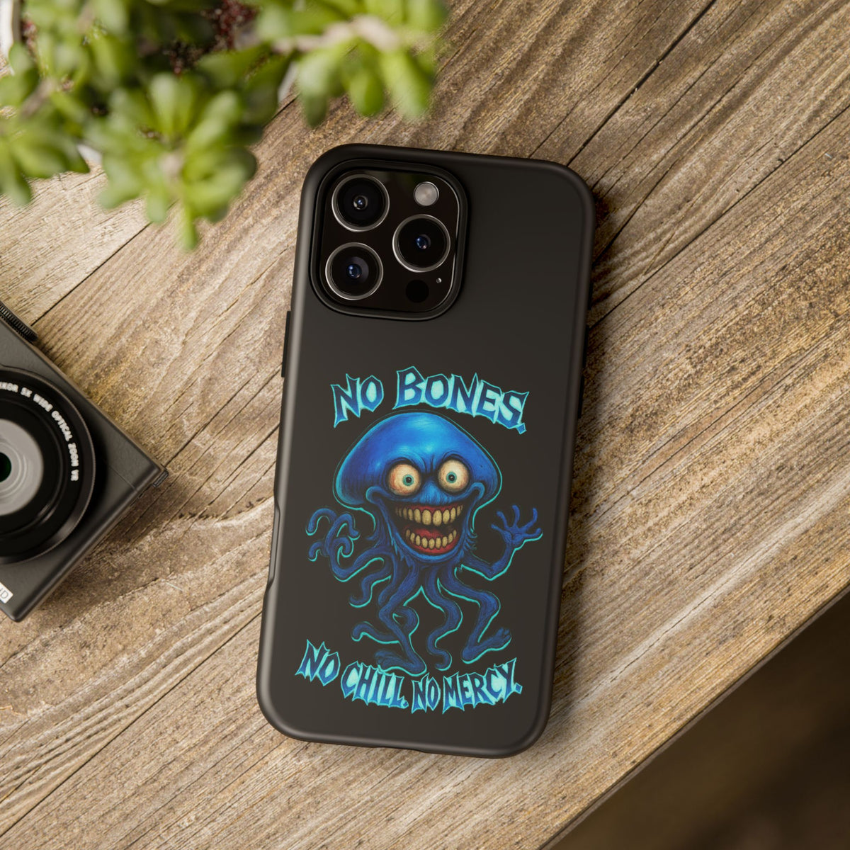 Phone Case — 'No Bones, No Chill, No Mercy' Blue Jellyfish Horror Design