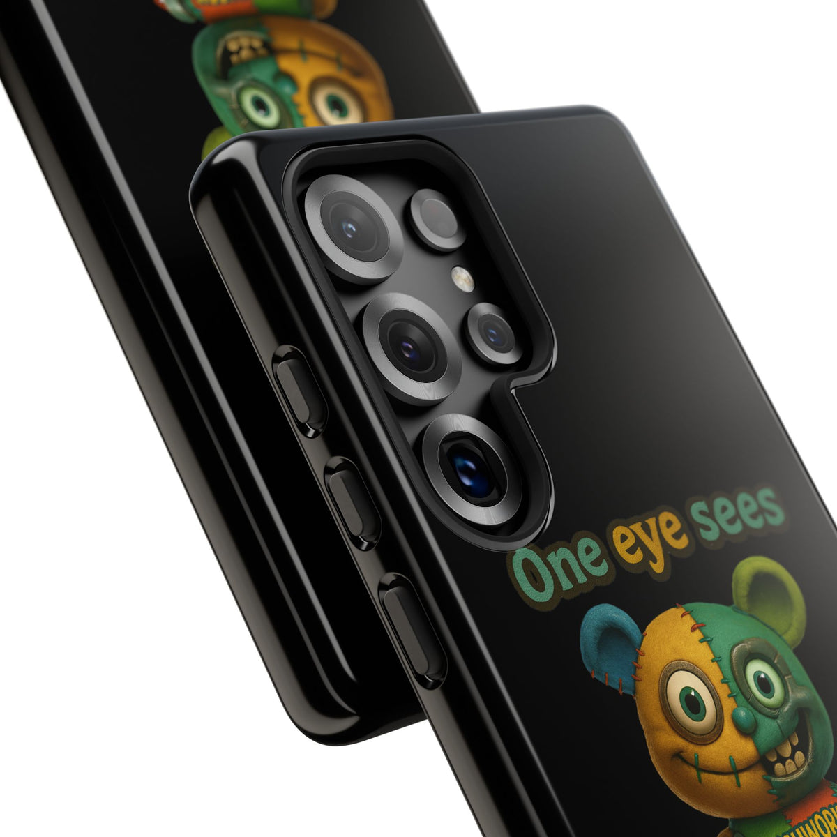 Phone Case — 'One Eye Sees, The Other Sees Your Browser History' Patchwork Bear Design